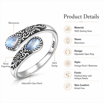 🔥Last Day 50% OFF🌙 Moonstone Bloom Ring I Vintage Style ·  Adjustable Fit ·  Timeless Elegance