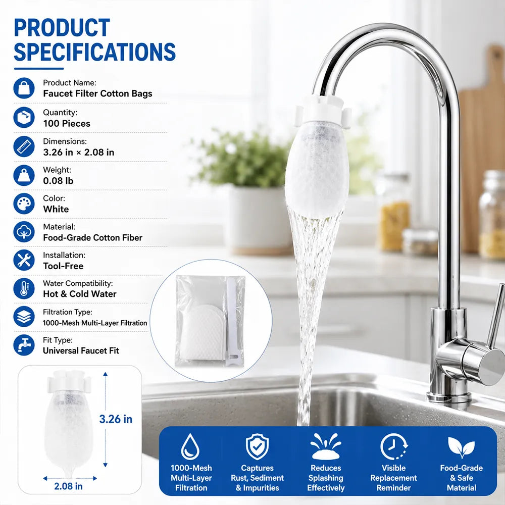 Faucet Filter Cotton Bags- Universal, 100 pcs Splash-Proof Faucet Filter set