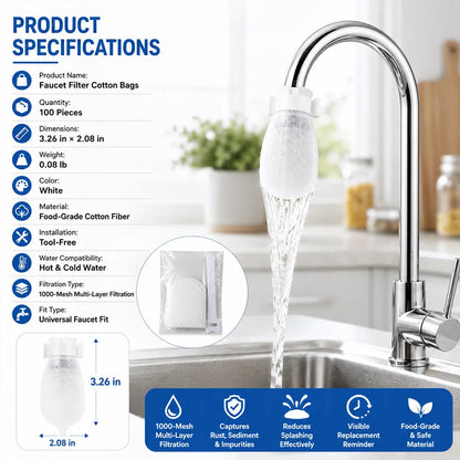 Faucet Filter Cotton Bags- Universal, 100 pcs Splash-Proof Faucet Filter set