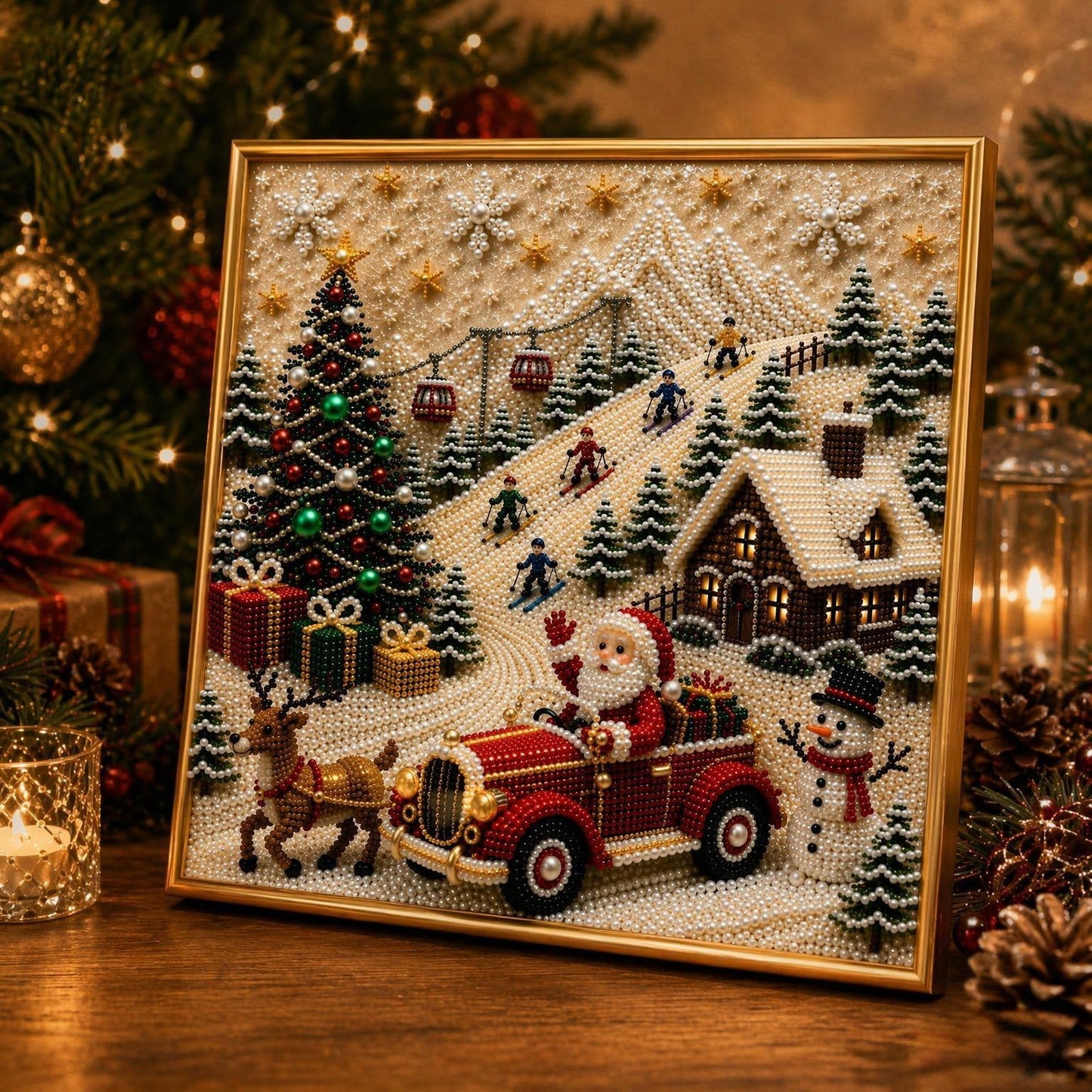🎄🎅Premium 3D Pearl Christmas Wall Art Kit I Luxury Flocked Canvas with Scratch -Resistant Non-Fading Pearl Beads DIY Holiday Decor⛄❄️