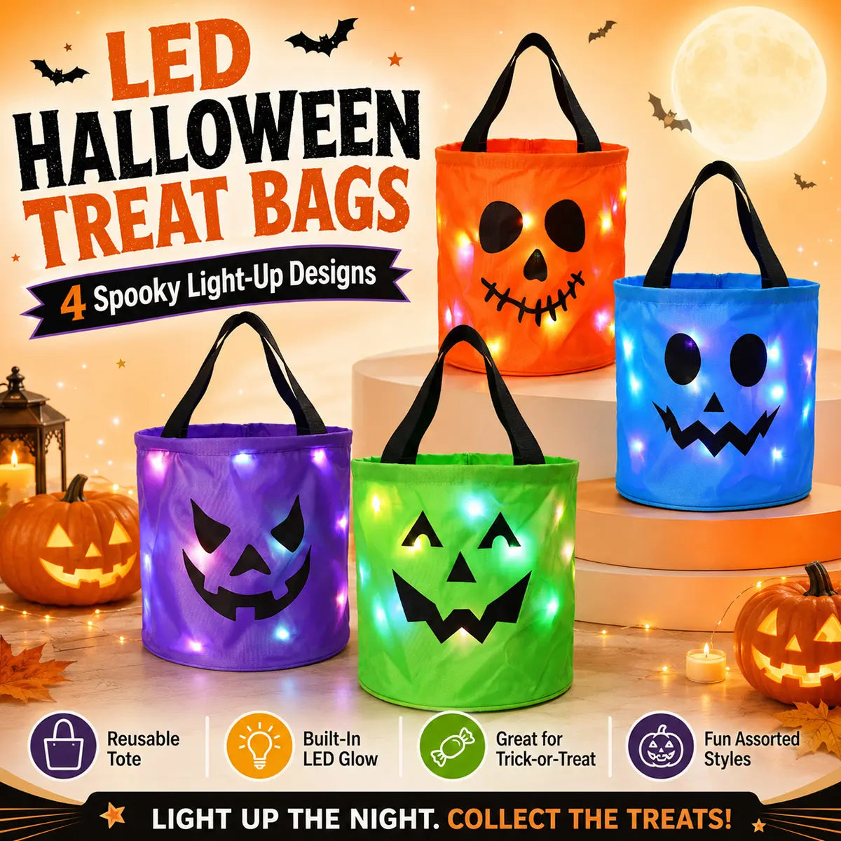 🎃Light Up the Night! 3-Piece LED Halloween Candy Bucket Set👻