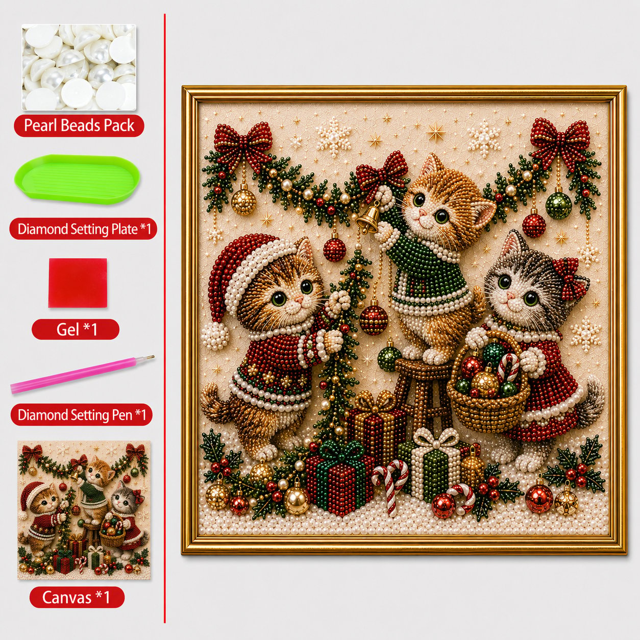 🎄🐾LAST DAY 49% OFF - Premium 3D Pearl Christmas Kitty Art Kit I Luxury Flocked Canvas with Scratch-Resistant Non-Fading Pearl Beads DIY Holiday Decor🎅🐱❄️