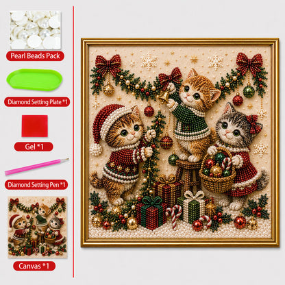 🎄🐾LAST DAY 49% OFF - Premium 3D Pearl Christmas Kitty Art Kit I Luxury Flocked Canvas with Scratch-Resistant Non-Fading Pearl Beads DIY Holiday Decor🎅🐱❄️