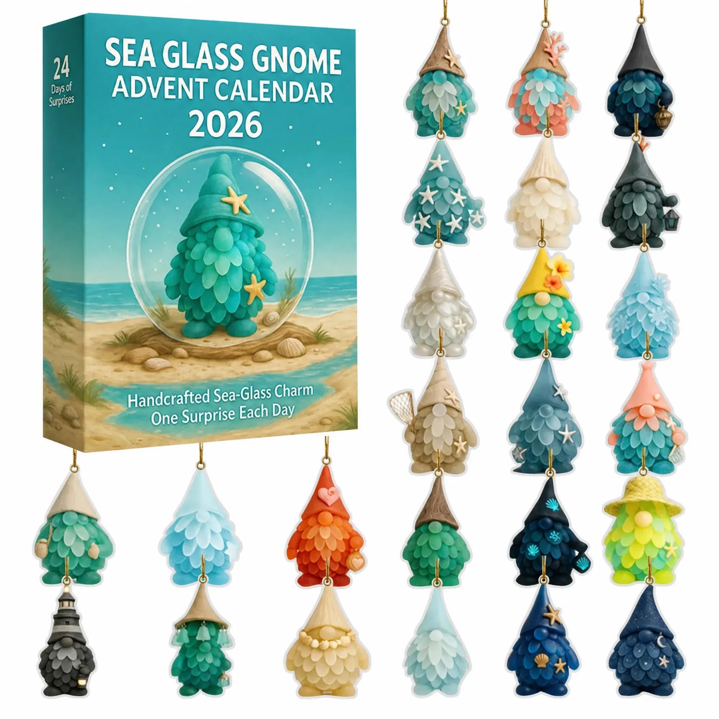 🌊🧝‍♂️ Sea Glass Gnome Advent Calendar 2026 | 24 Coastal Gnome Charms for Christmas Countdown, Tree Decor & Holiday Gifts 🎄✨