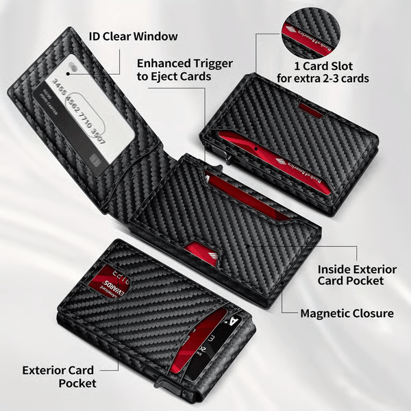 Slim Wallet for Men with Pop-Up Aluminum Case, RFID Blocking Minimalist Leather Bifold Card Holder