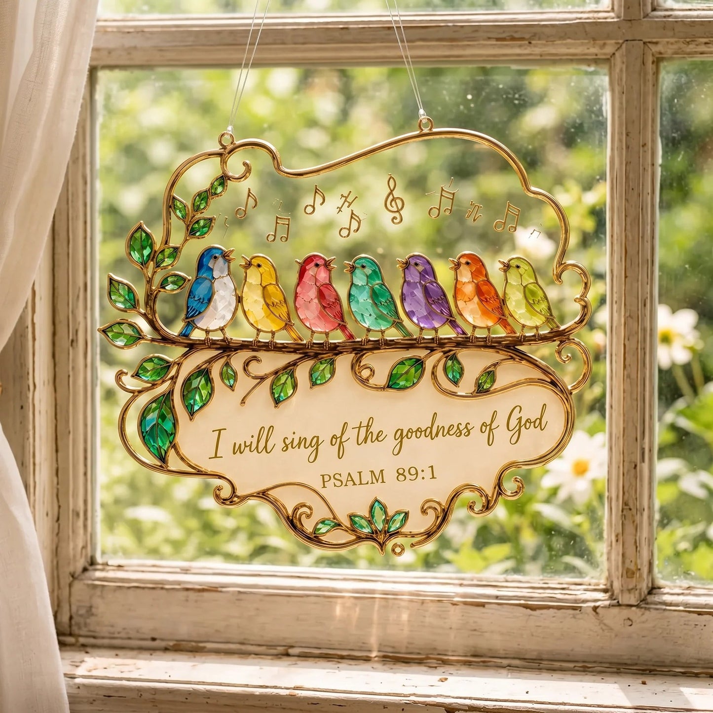 🎵 Psalm 89:1 Songbird Window Suncatcher | Stained-Glass Style Faith Decor with Colorful Birds & Scripture 🕊️✨