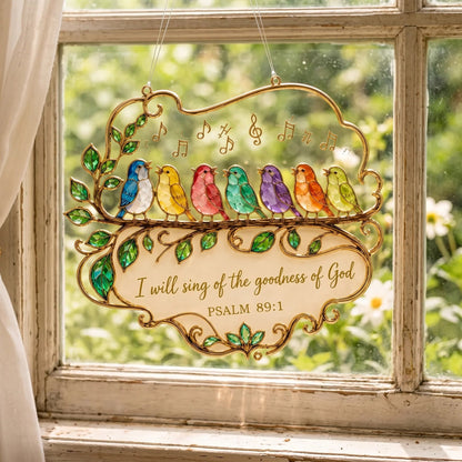 🎵 Psalm 89:1 Songbird Window Suncatcher | Stained-Glass Style Faith Decor with Colorful Birds & Scripture 🕊️✨