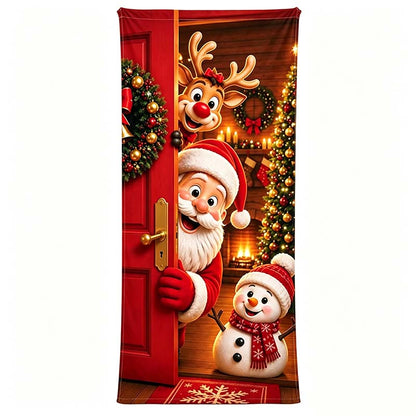 Christmas Door Cover - Stretch Fit Santa & Reindeer Door Decoration with 4-Side Elastic Edges 🎅