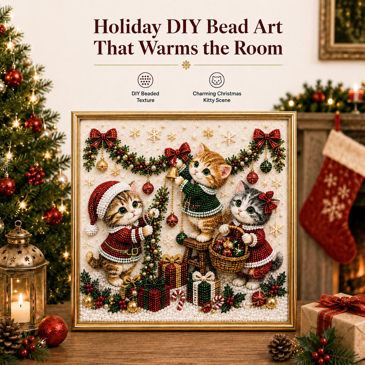🎄🐾LAST DAY 49% OFF - Premium 3D Pearl Christmas Kitty Art Kit I Luxury Flocked Canvas with Scratch-Resistant Non-Fading Pearl Beads DIY Holiday Decor🎅🐱❄️