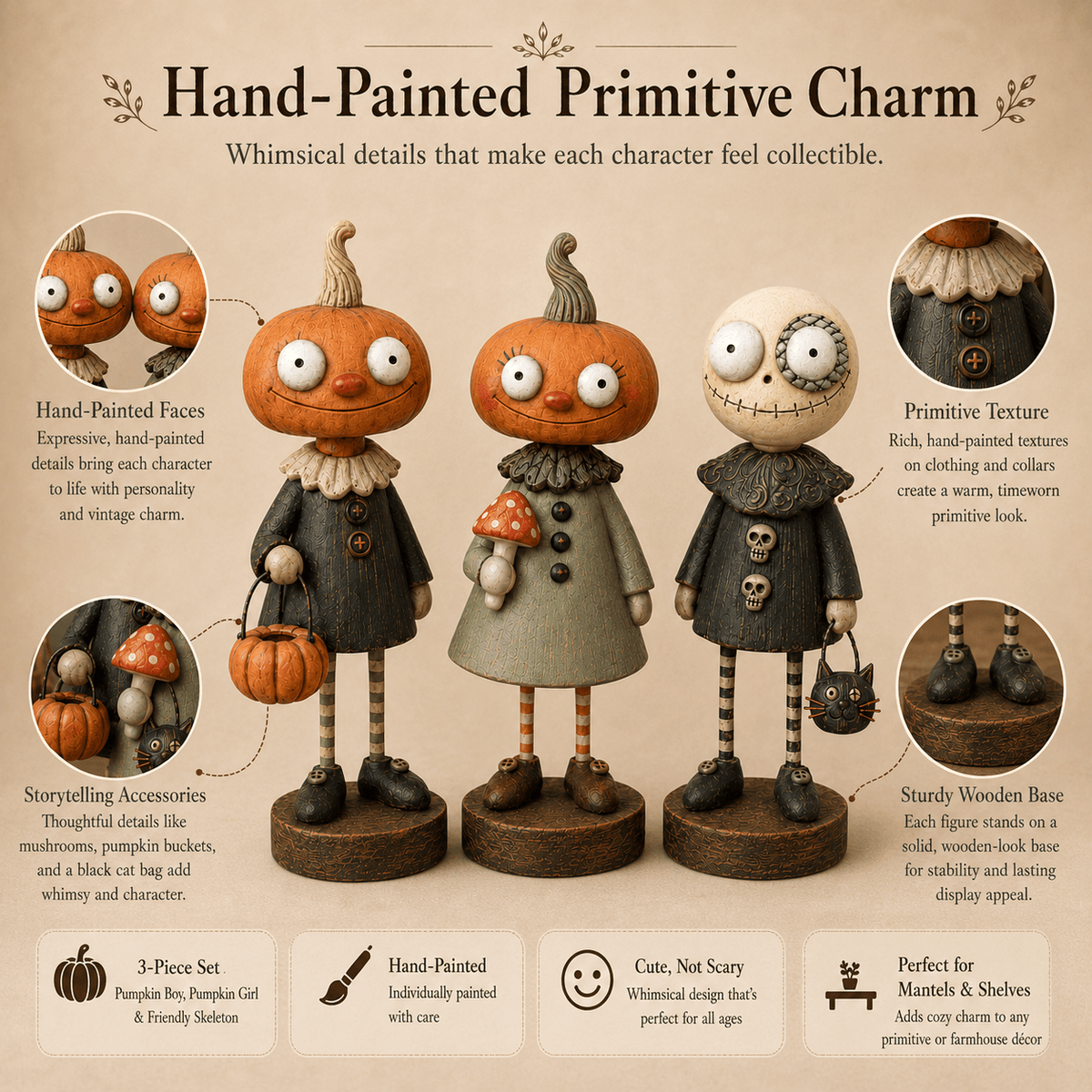 🎃Primitive Pumpkin Friends Vintage Halloween Figurines Collection