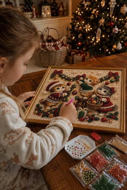 🎄🐾LAST DAY 49% OFF - Premium 3D Pearl Christmas Kitty Art Kit I Luxury Flocked Canvas with Scratch-Resistant Non-Fading Pearl Beads DIY Holiday Decor🎅🐱❄️