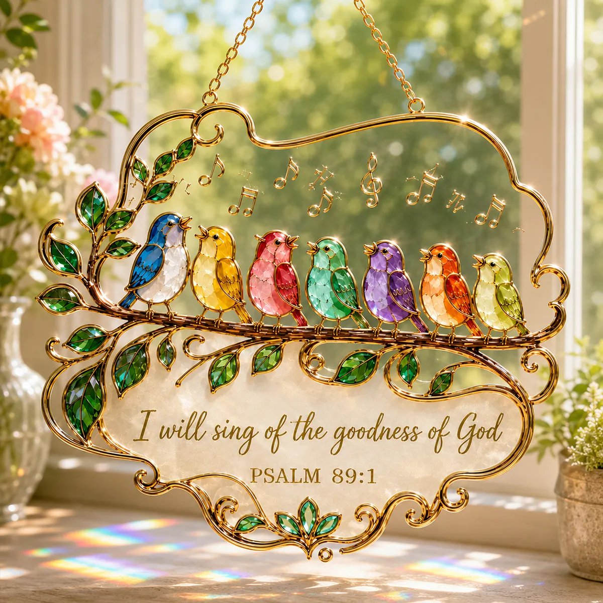 🎵 Psalm 89:1 Songbird Window Suncatcher | Stained-Glass Style Faith Decor with Colorful Birds & Scripture 🕊️✨