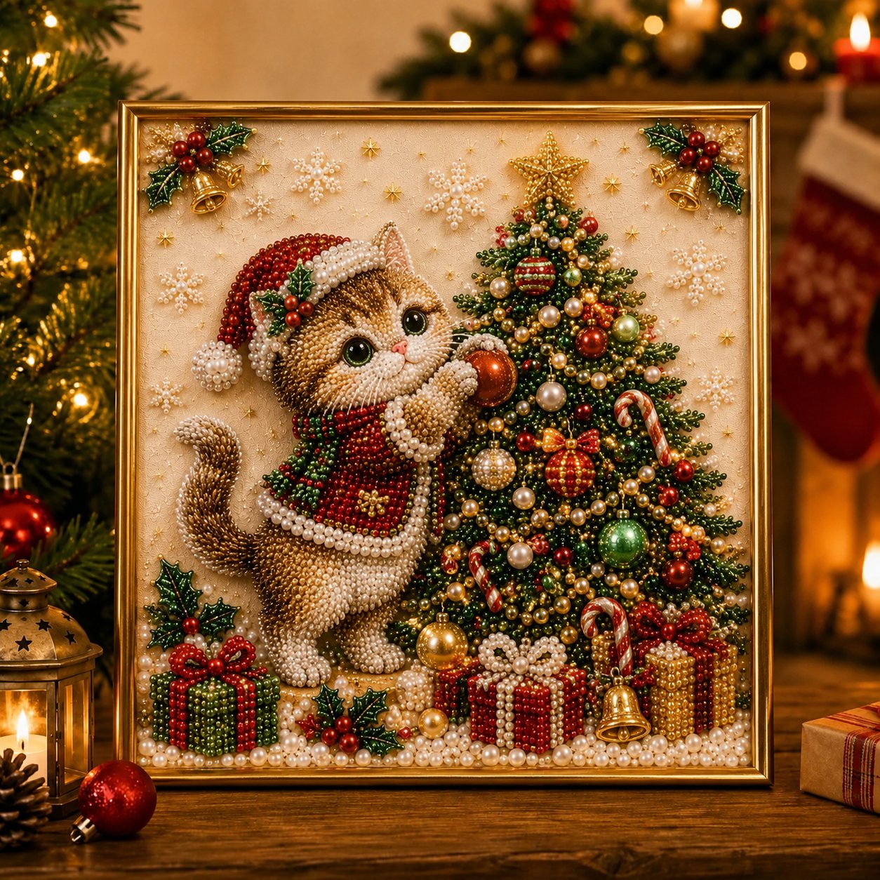 🎄🐾LAST DAY 49% OFF - Premium 3D Pearl Christmas Kitty Art Kit I Luxury Flocked Canvas with Scratch-Resistant Non-Fading Pearl Beads DIY Holiday Decor🎅🐱❄️