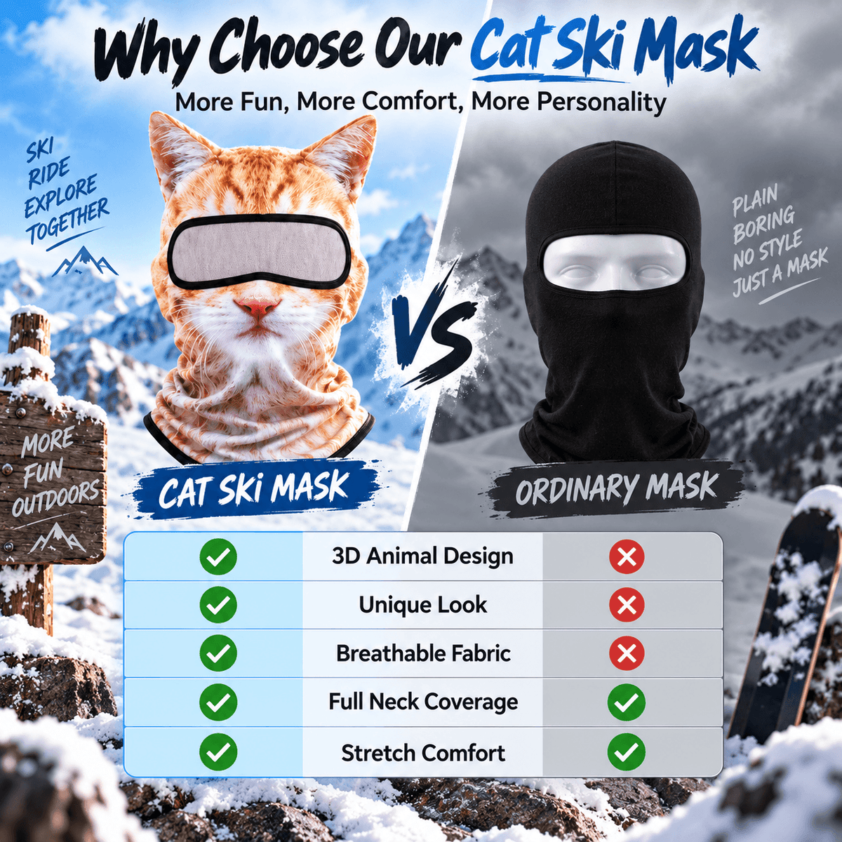 🔥3D Cat Ski Mask with Ears Funny Windproof Balaclava for Skiing & Festivals