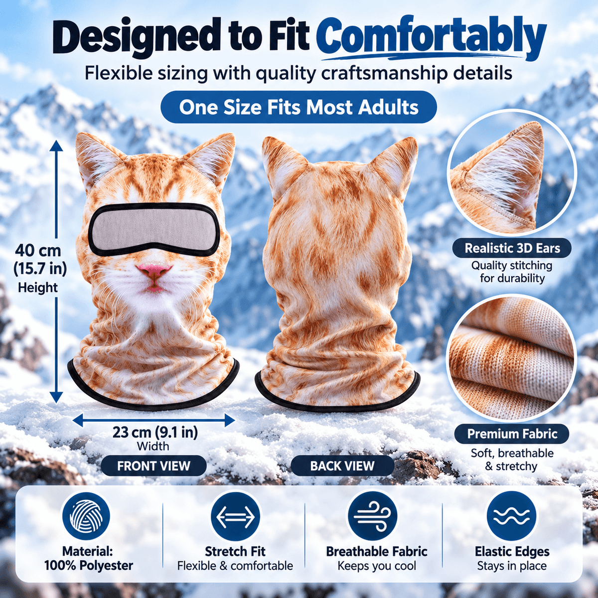 🔥3D Cat Ski Mask with Ears Funny Windproof Balaclava for Skiing & Festivals