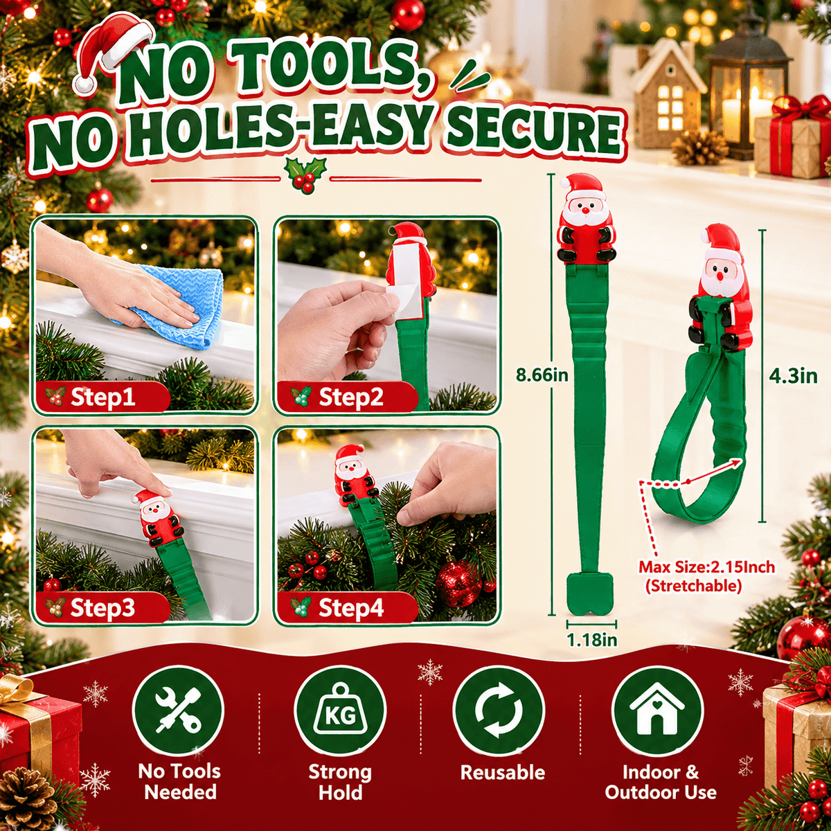 🎄🎅Santa Claus Adhesive Hooks (12- Pack) - no drills, no nails, just peel, stick, and hang