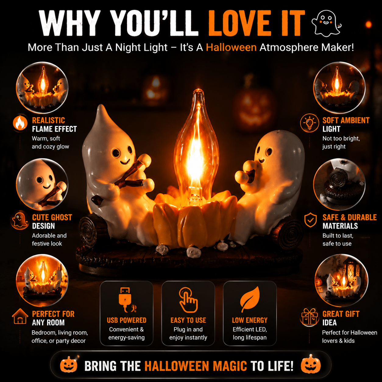 👻Halloween Ghost Flame Night Light- LED Ambient Lamp