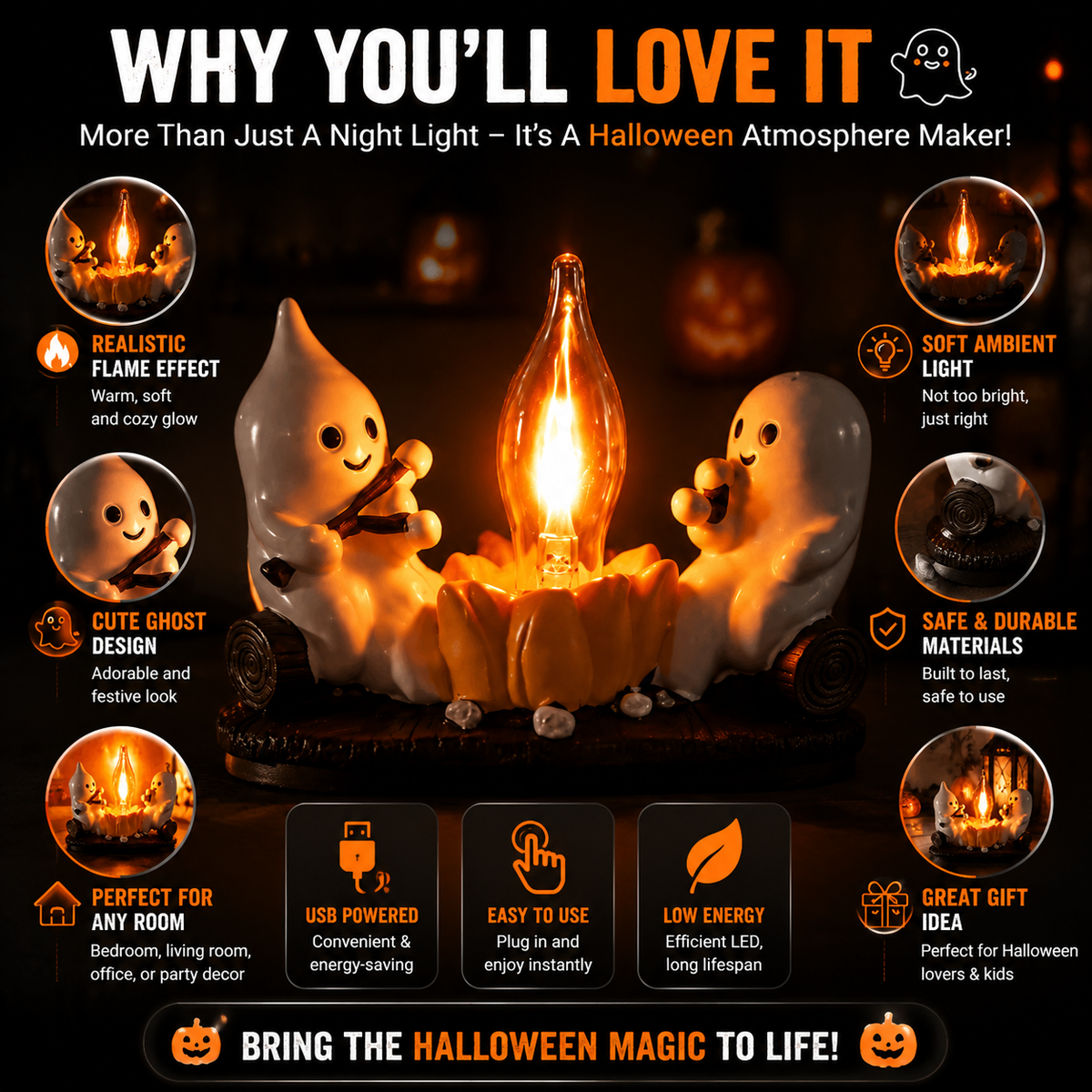 👻Halloween Ghost Flame Night Light- LED Ambient Lamp