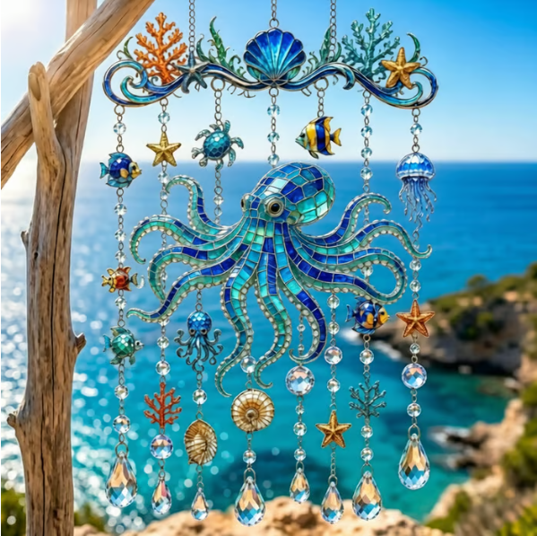 🔥🐋🐢🐬Ocean-Themed Crystal Wind Chime – 🌊Bring the Ocean Glow to Your Garden
