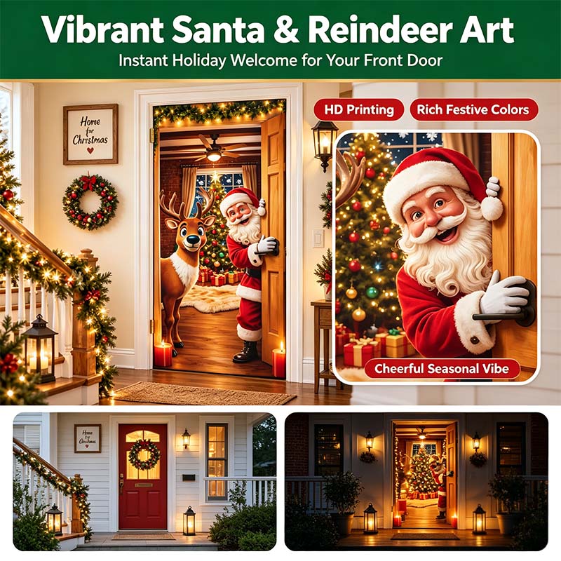 Christmas Door Cover - Stretch Fit Santa & Reindeer Door Decoration with 4-Side Elastic Edges 🎅