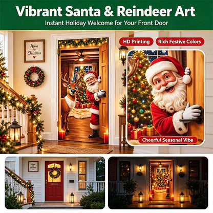 Christmas Door Cover - Stretch Fit Santa & Reindeer Door Decoration with 4-Side Elastic Edges 🎅