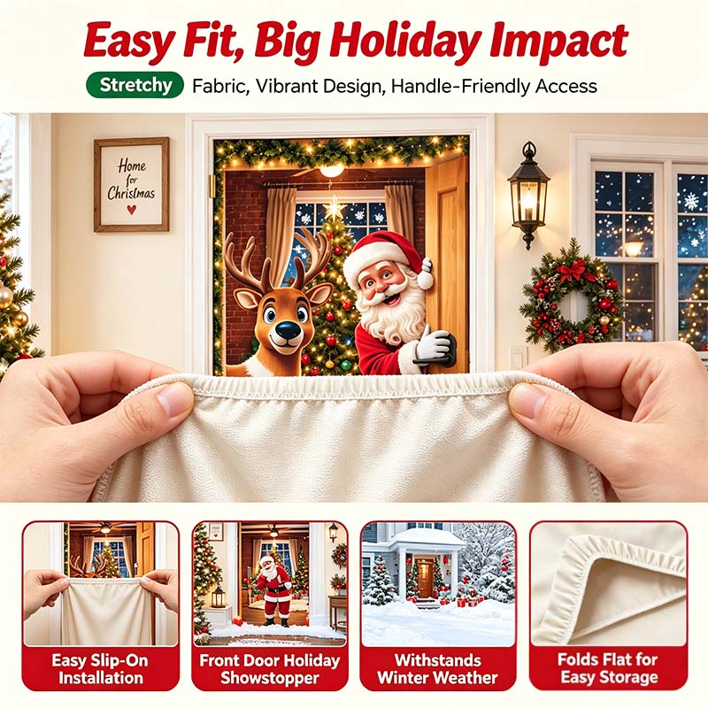 Christmas Door Cover - Stretch Fit Santa & Reindeer Door Decoration with 4-Side Elastic Edges 🎅