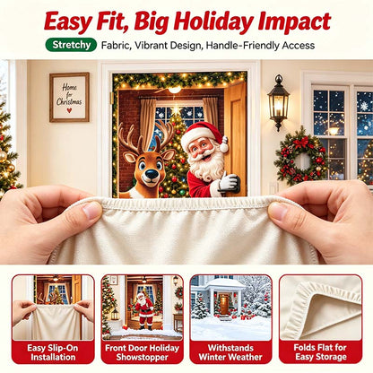Christmas Door Cover - Stretch Fit Santa & Reindeer Door Decoration with 4-Side Elastic Edges 🎅