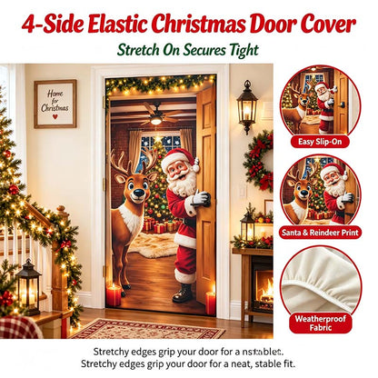 Christmas Door Cover - Stretch Fit Santa & Reindeer Door Decoration with 4-Side Elastic Edges 🎅