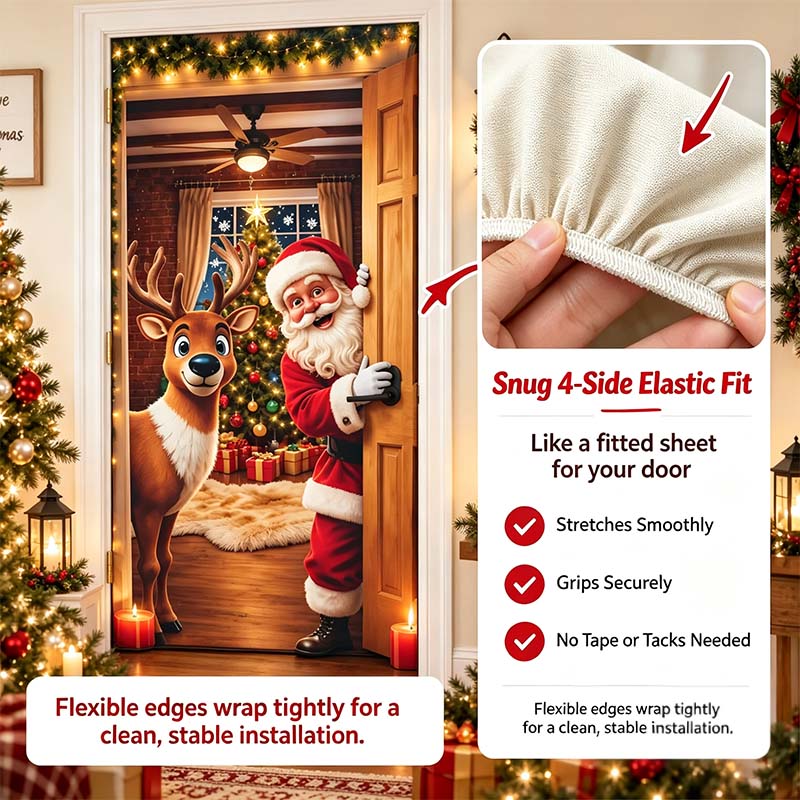 Christmas Door Cover - Stretch Fit Santa & Reindeer Door Decoration with 4-Side Elastic Edges 🎅