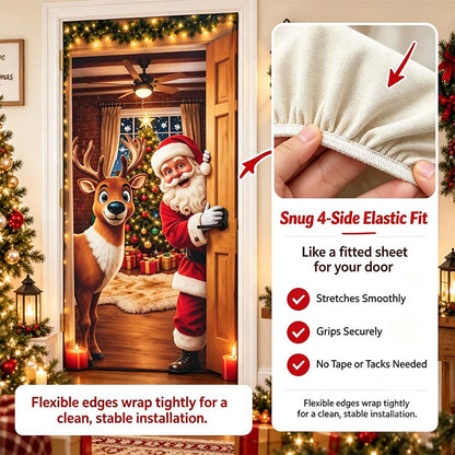 Christmas Door Cover - Stretch Fit Santa & Reindeer Door Decoration with 4-Side Elastic Edges 🎅