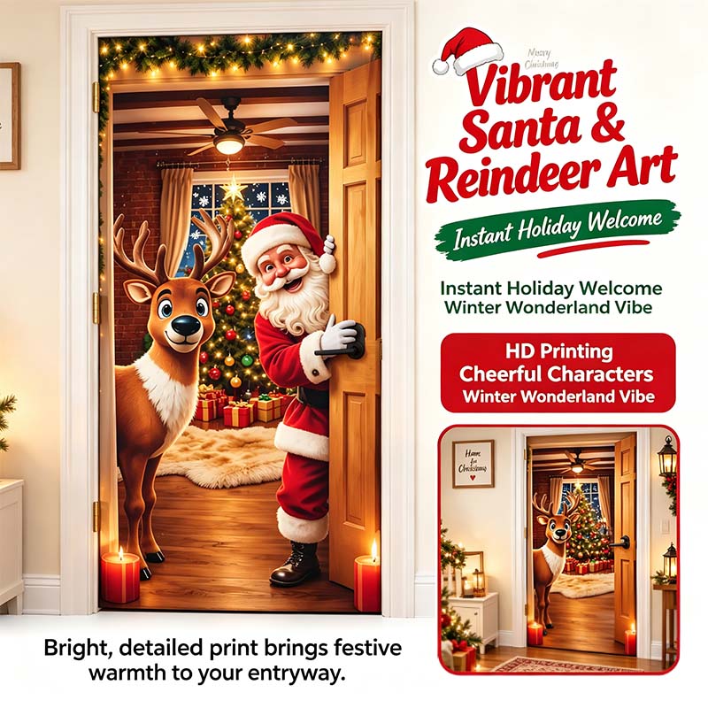Christmas Door Cover - Stretch Fit Santa & Reindeer Door Decoration with 4-Side Elastic Edges 🎅