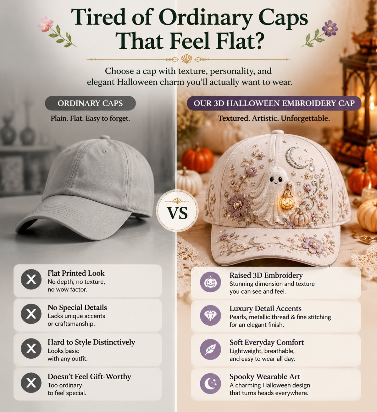 🎃3D Halloween Embroidery Cap I Spooky Cute Adjustable Hat for Fall Outfits, Daily Styling & Halloween Parties