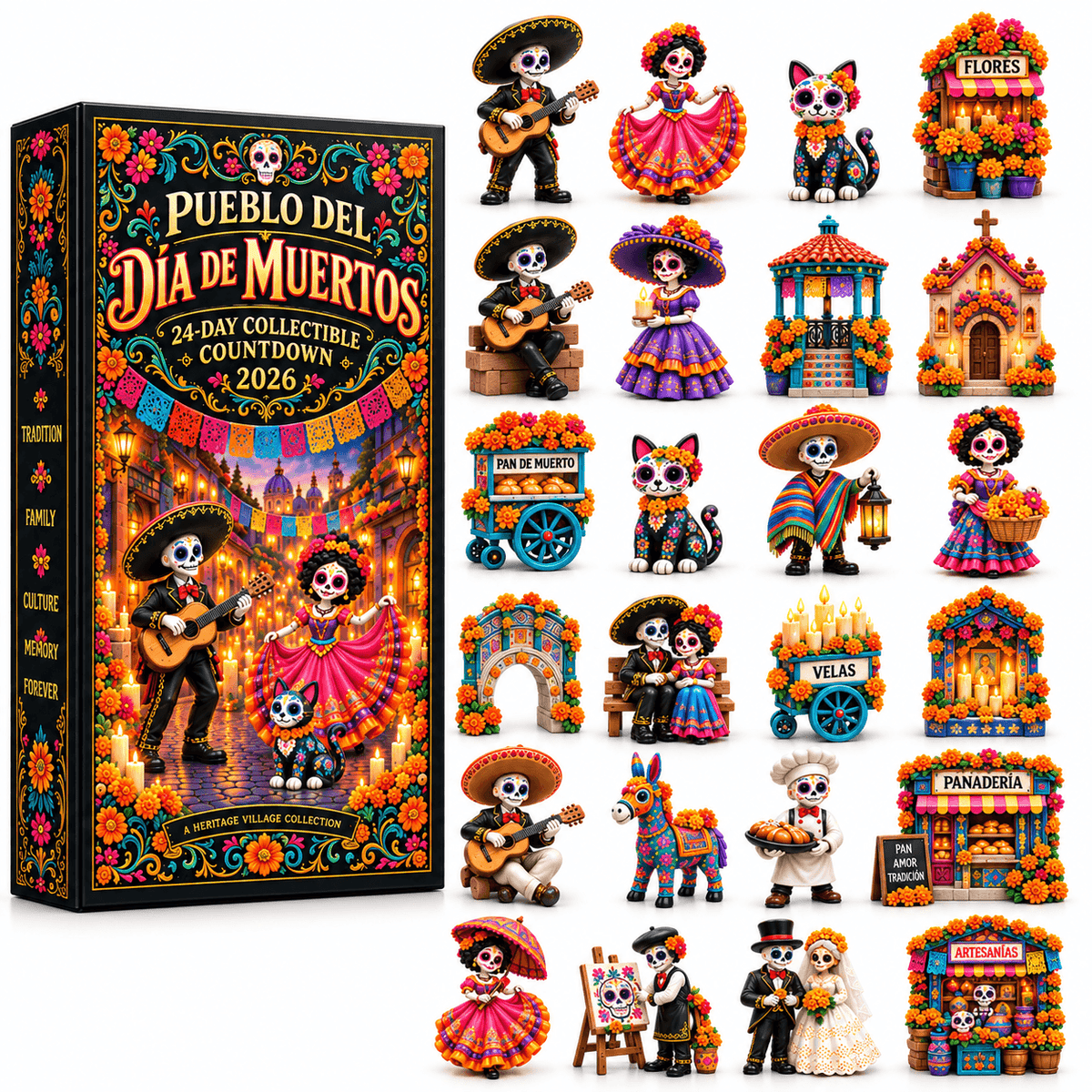 Pueblo del Día de Muertos 2026- 24-Day Day of the Dead Collectible Countdown Calendar with 24 Unique Miniatures