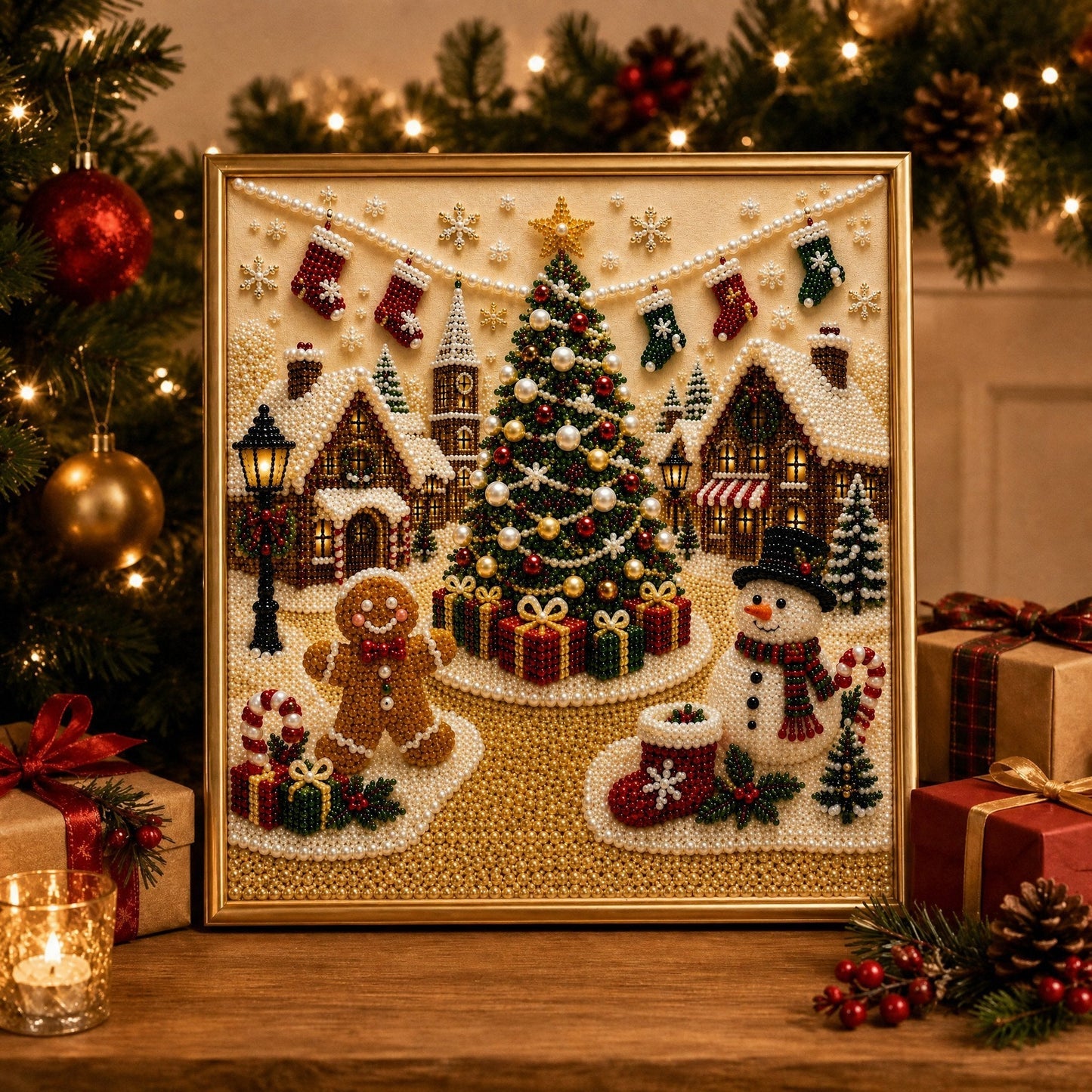 🎄🎅Premium 3D Pearl Christmas Wall Art Kit I Luxury Flocked Canvas with Scratch -Resistant Non-Fading Pearl Beads DIY Holiday Decor⛄❄️