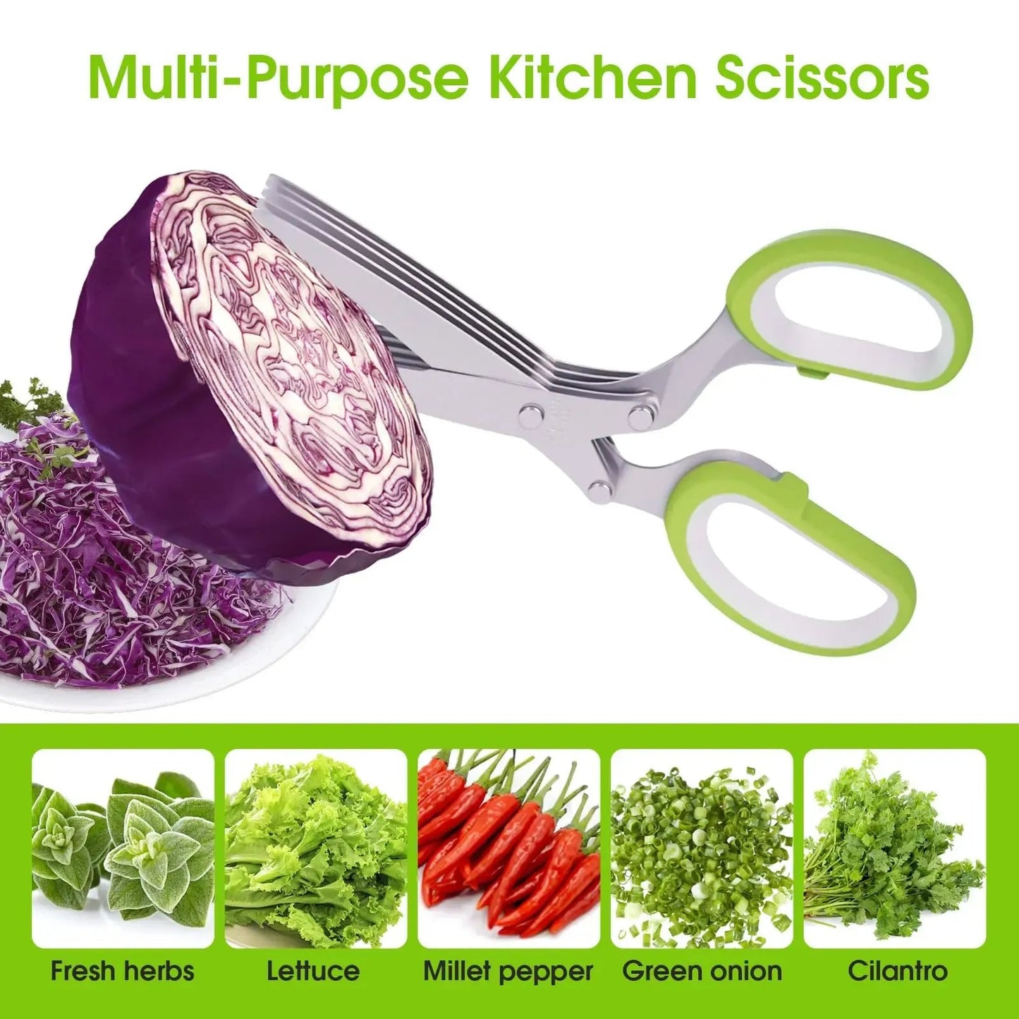 ✂️Herb Scissors 5 Blade Kitchen Shears, Multipurpose Herb Cutter with Safety Cover Cleaning Comb for Basil Chive Parsley