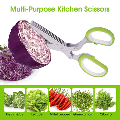 ✂️Herb Scissors 5 Blade Kitchen Shears, Multipurpose Herb Cutter with Safety Cover Cleaning Comb for Basil Chive Parsley