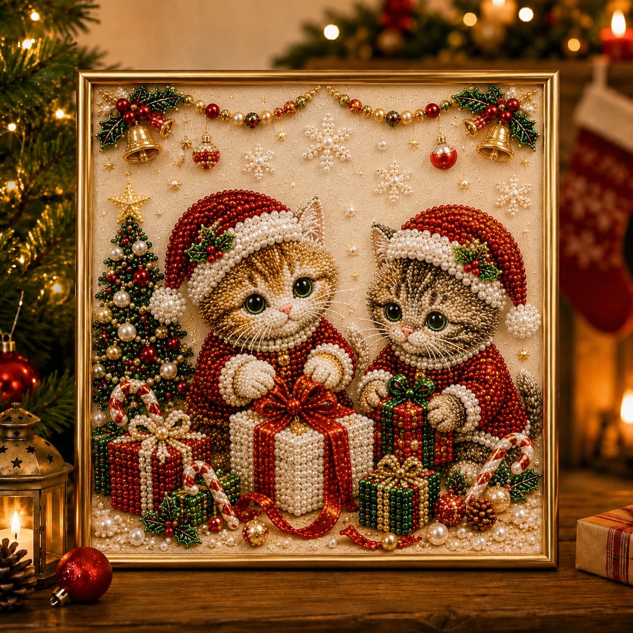 🎄🐾LAST DAY 49% OFF - Premium 3D Pearl Christmas Kitty Art Kit I Luxury Flocked Canvas with Scratch-Resistant Non-Fading Pearl Beads DIY Holiday Decor🎅🐱❄️