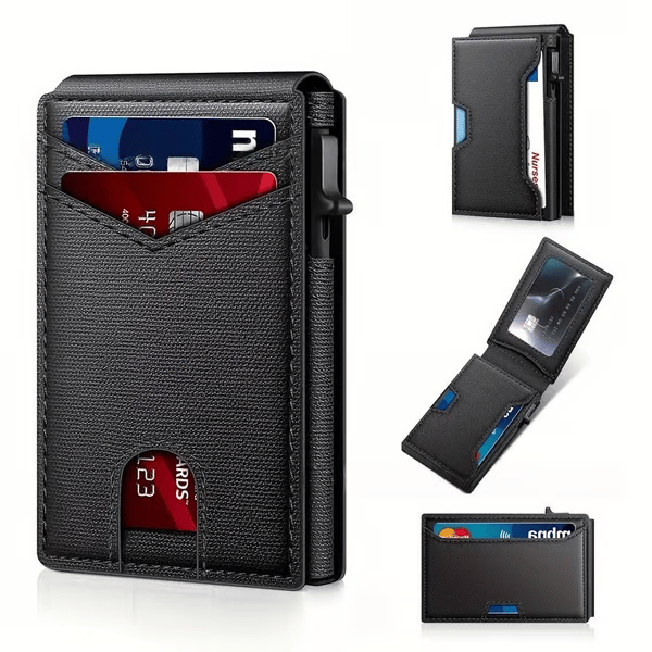 Slim Wallet for Men with Pop-Up Aluminum Case, RFID Blocking Minimalist Leather Bifold Card Holder