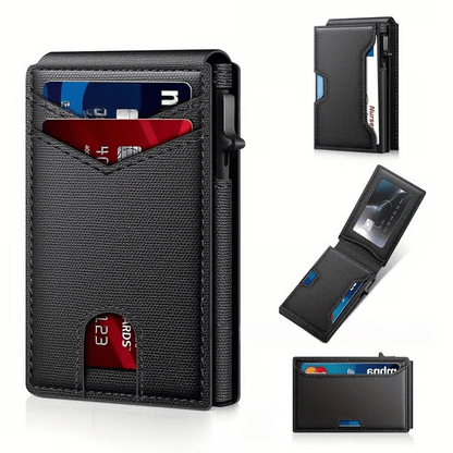 Slim Wallet for Men with Pop-Up Aluminum Case, RFID Blocking Minimalist Leather Bifold Card Holder