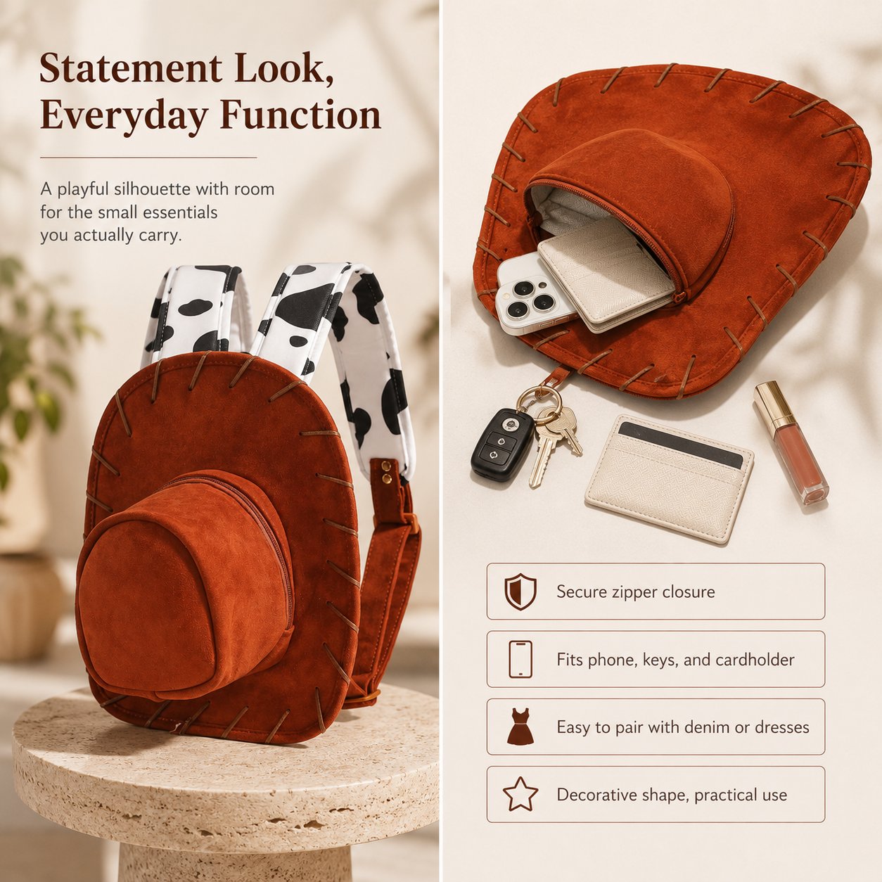 Western Hat-Shaped Velvet Backpack with Adjustable Straps and Zipper