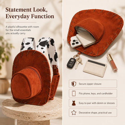 Western Hat-Shaped Velvet Backpack with Adjustable Straps and Zipper
