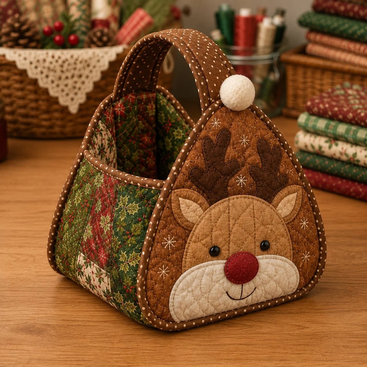 ⏳ 49% OFF – 🎄 Christmas Character Quilted Carry Basket | Padded Patchwork Fabrics, Layered Appliqué & Soft Carry Handle in DIY Kit or Ready-Made Styles 🎁✨