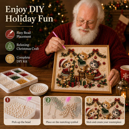 🎄🐾LAST DAY 49% OFF - Premium 3D Pearl Christmas Kitty Art Kit I Luxury Flocked Canvas with Scratch-Resistant Non-Fading Pearl Beads DIY Holiday Decor🎅🐱❄️