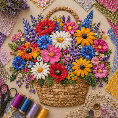 🔥HOTSALE5O%OFF- 🌸Floral Basket Patchwork DIY Kit| 3D Layered Fabric Flower Art Craft for Home Decor & Gifts