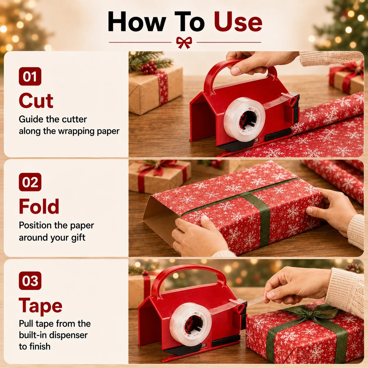 2-in-1 Wrapping Paper Cutter & Tape Dispenser - Faster Gift Wrapping Tool