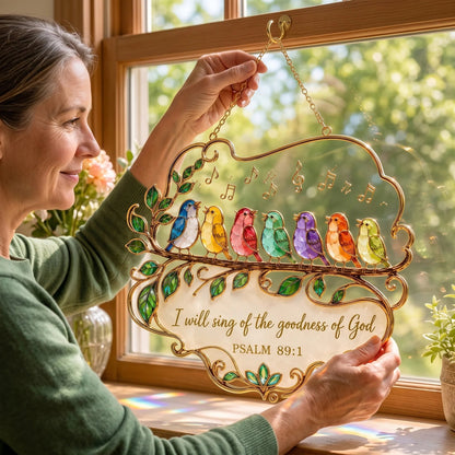 🎵 Psalm 89:1 Songbird Window Suncatcher | Stained-Glass Style Faith Decor with Colorful Birds & Scripture 🕊️✨