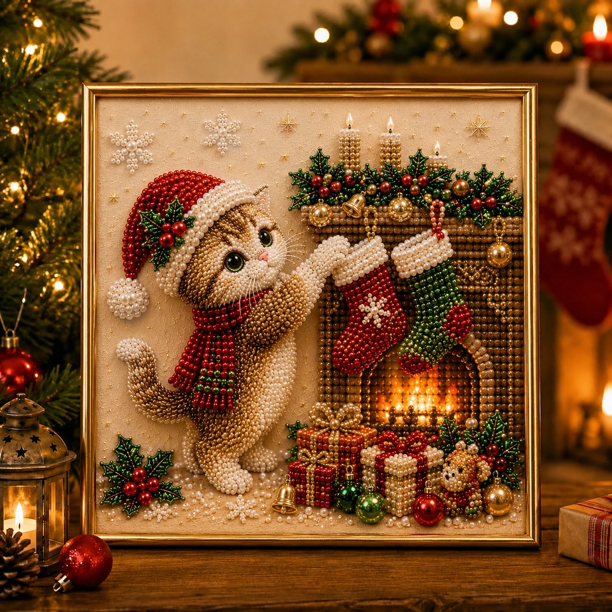 🎄🐾LAST DAY 49% OFF - Premium 3D Pearl Christmas Kitty Art Kit I Luxury Flocked Canvas with Scratch-Resistant Non-Fading Pearl Beads DIY Holiday Decor🎅🐱❄️