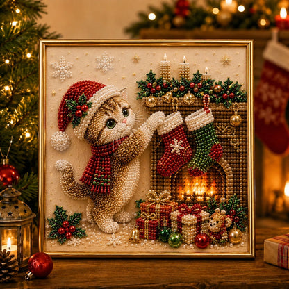 🎄🐾LAST DAY 49% OFF - Premium 3D Pearl Christmas Kitty Art Kit I Luxury Flocked Canvas with Scratch-Resistant Non-Fading Pearl Beads DIY Holiday Decor🎅🐱❄️