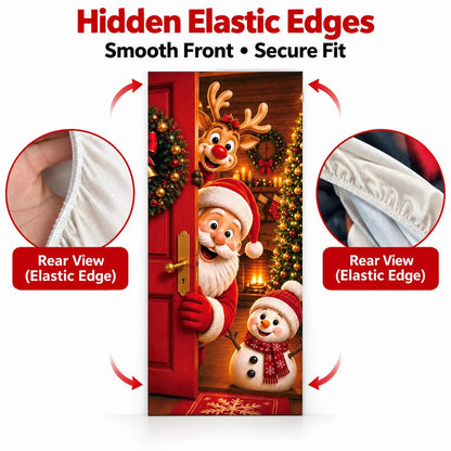 Christmas Door Cover - Stretch Fit Santa & Reindeer Door Decoration with 4-Side Elastic Edges 🎅