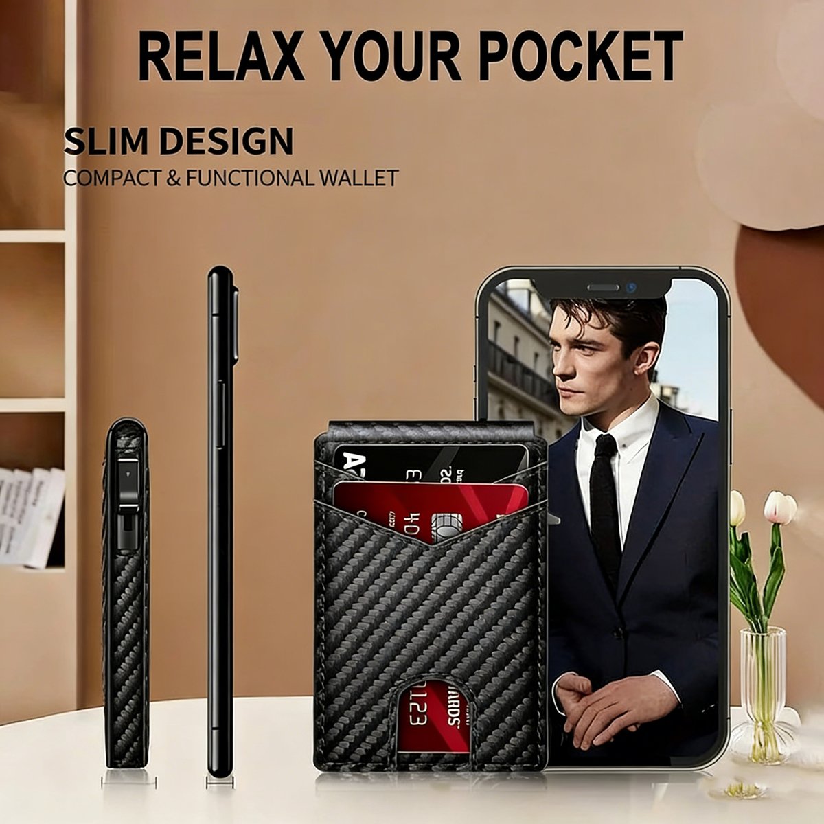 Slim Wallet for Men with Pop-Up Aluminum Case, RFID Blocking Minimalist Leather Bifold Card Holder